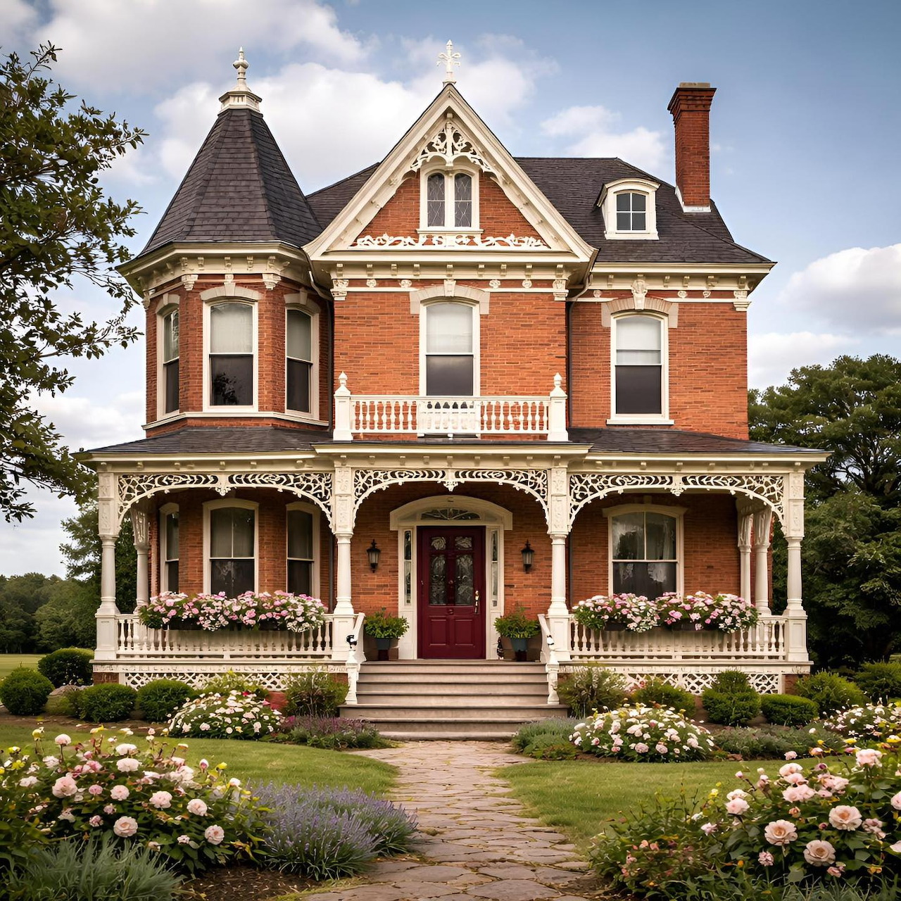 Victorian brick mansion with white decorative porch and blooming front garden