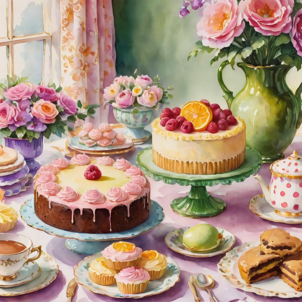 Watercolor painting of decorated cakes, cupcakes, flowers, and tea party treats on pastel table