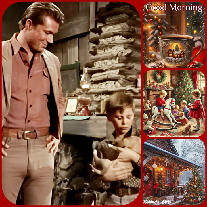 Collage of vintage Christmas scenes with people, decorated tree, fireplace, and holiday treats in warm tones