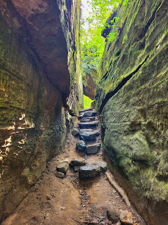 Narrow rock canyon with stepping stones and sandstone walls at Giant City State Park, Illinois