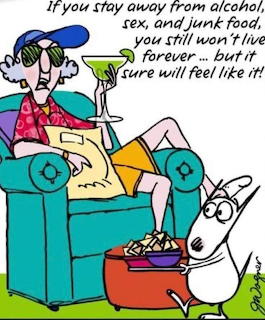Cartoon of Maxine sitting in a chair holding a martini with a dog nearby and a humorous quote about healthy living.