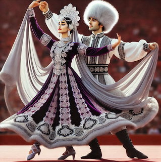 Two dancers in traditional Russian costumes with white fur hats performing together