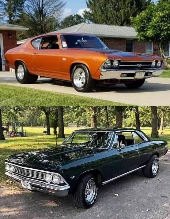 Two classic Chevrolet Chevelle muscle cars side by side
