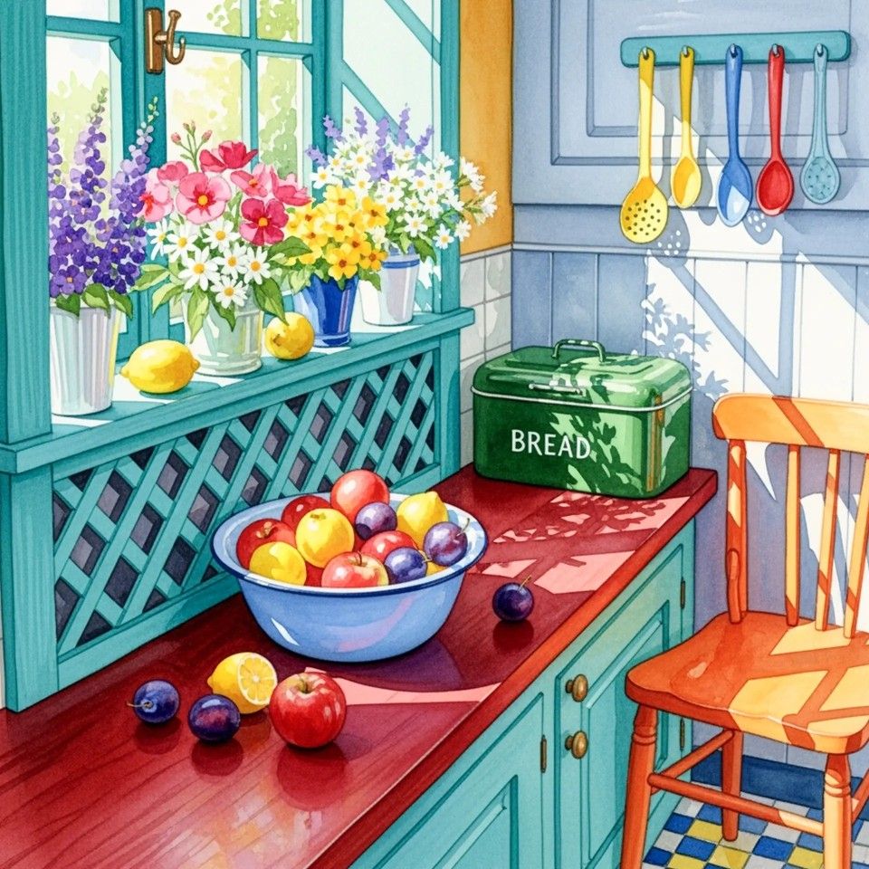 Colorful illustration of cozy kitchen with turquoise cabinets, flowers in vase, fruit bowl, and yellow chair