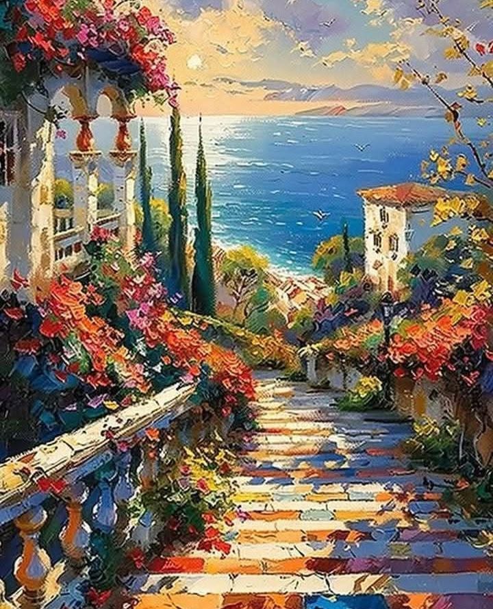 Colorful painting of a stone stairway with flowers and cypress trees overlooking a Mediterranean sea at sunset