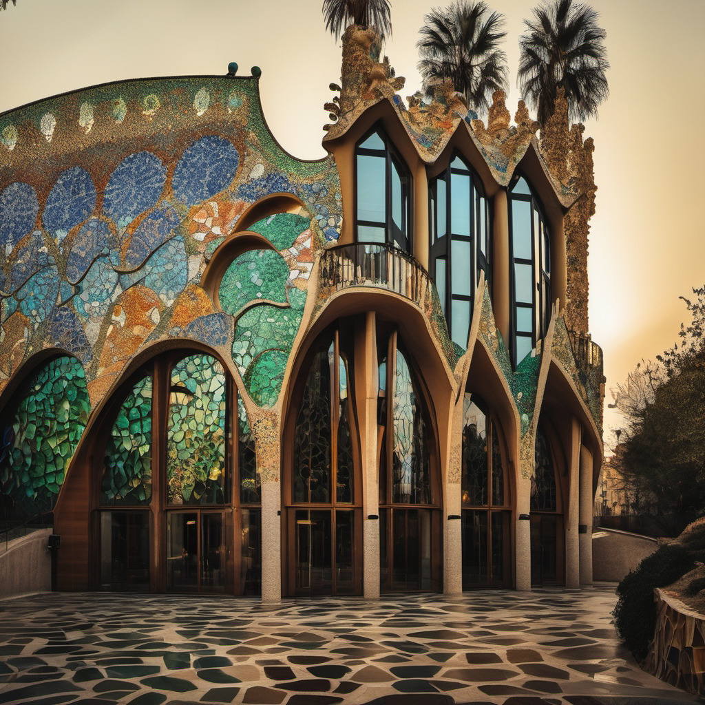 Fantastical building with colorful mosaic arches, organic curves, and palm trees at sunset