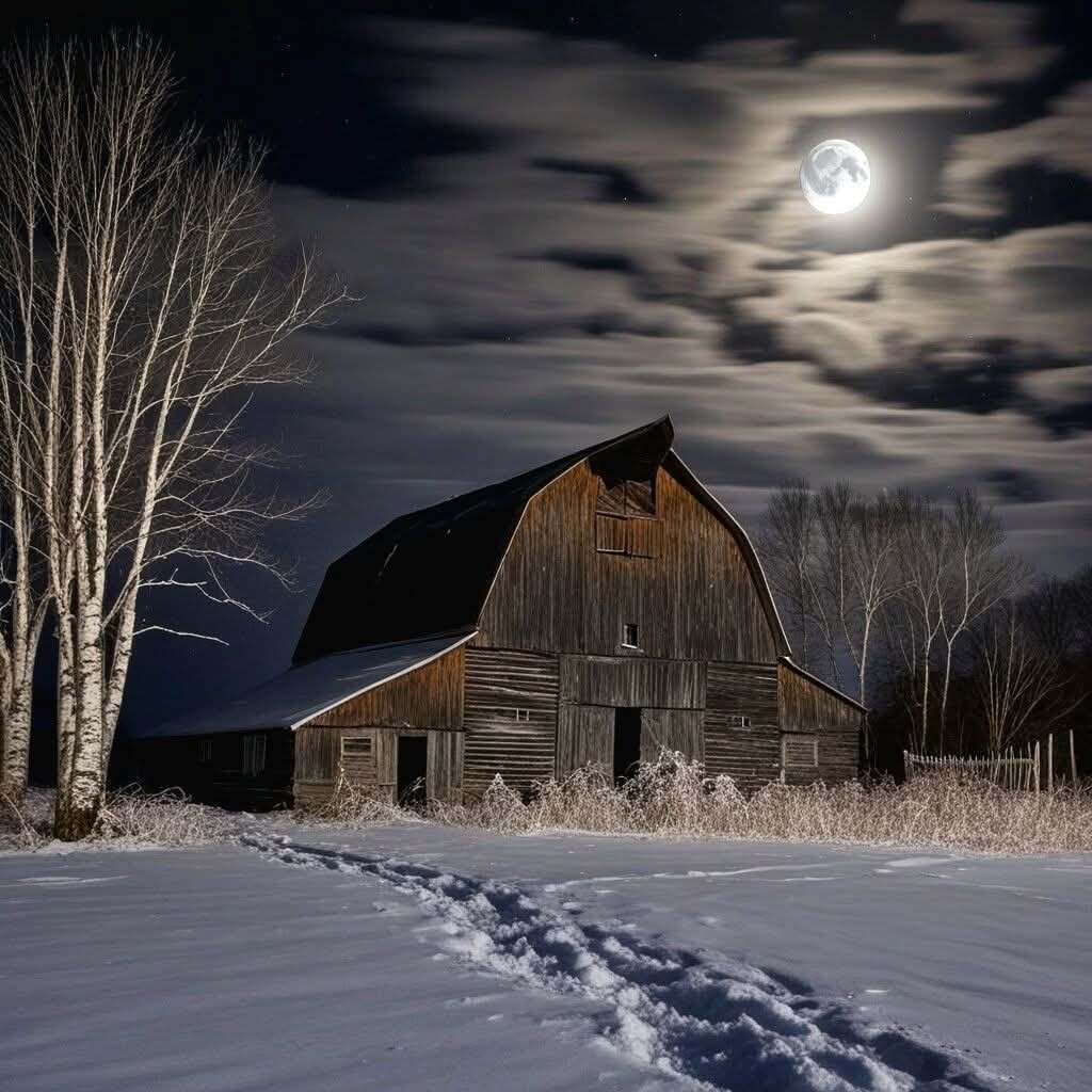 Old wooden barn in a snowy field at night beneath a bright moon and cloudy sky
