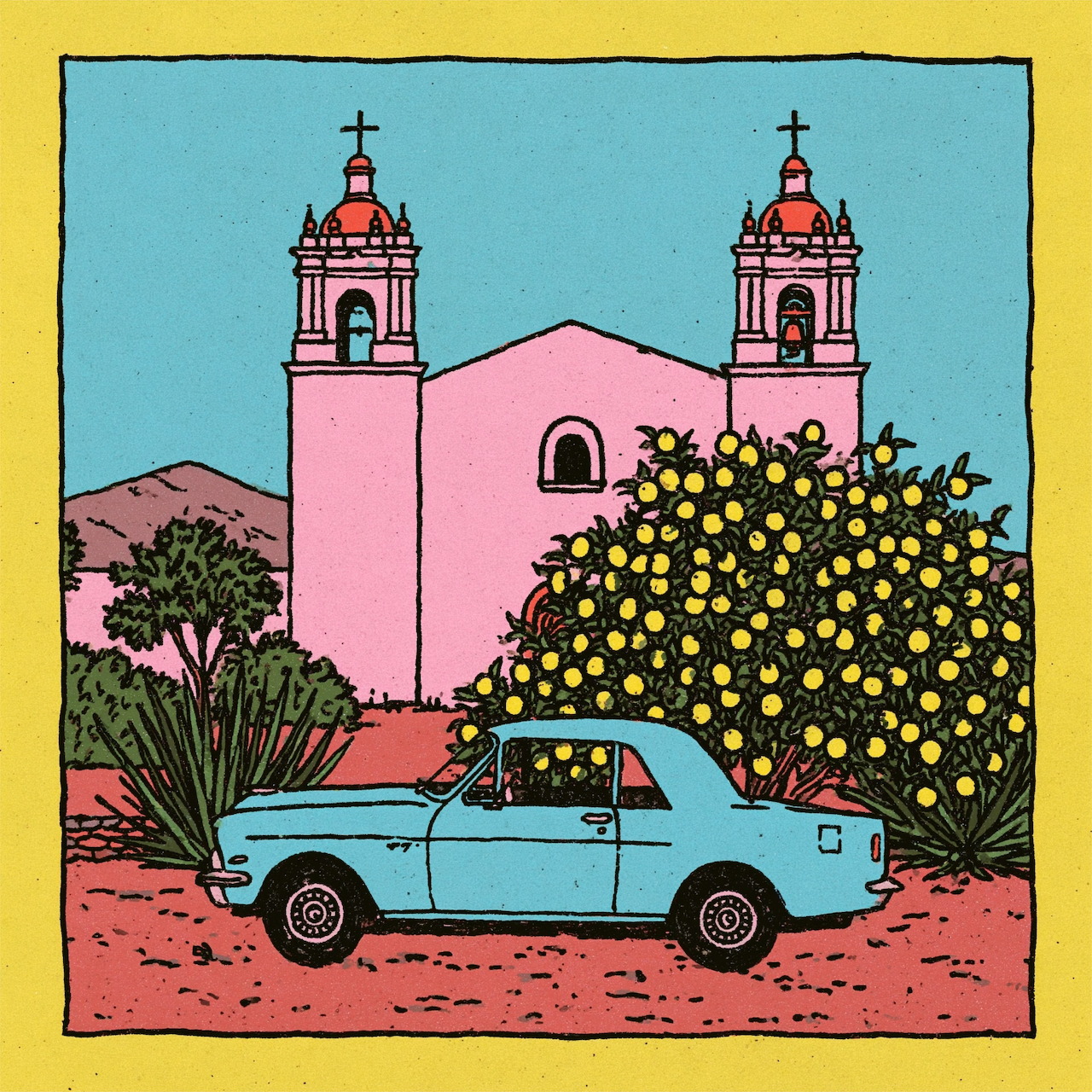 Illustration of a blue car parked before a pink church with twin towers and yellow flowering bushes