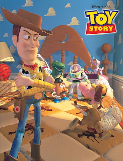 Toy Story movie poster showing Woody, Buzz Lightyear and other toys on a bed in child's room