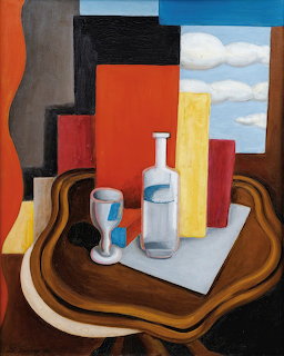 Cubist still life painting with a bottle, goblet, table, and window with clouds