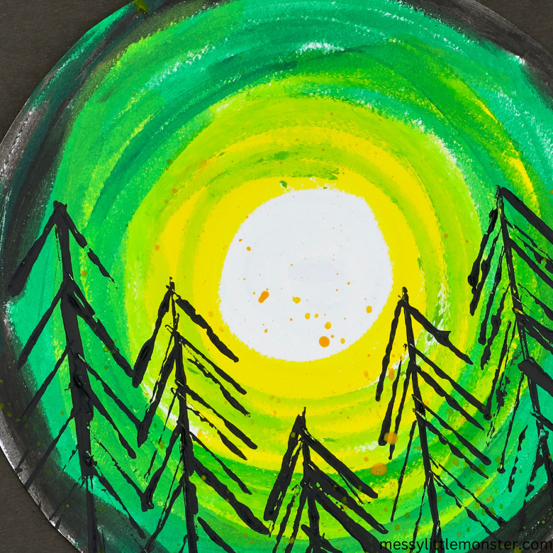 Stylized painting of a white sun or moon above dark pine trees in a green and yellow sky