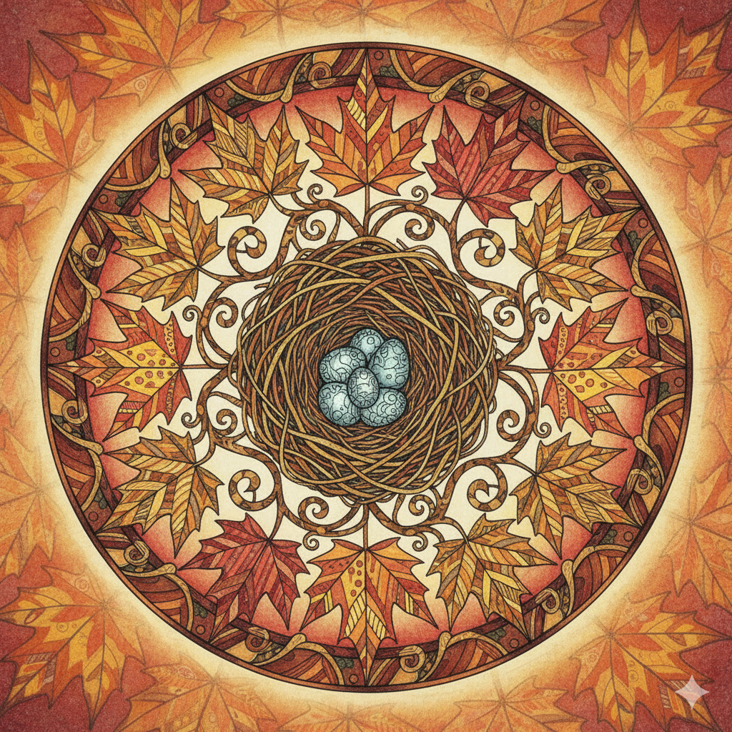 Circular autumn mandala with fall leaves, ornate scrollwork, and central nest with blue eggs