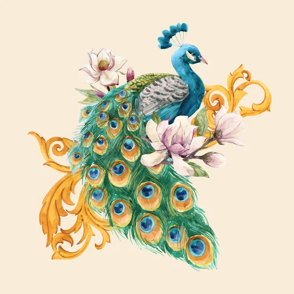 Illustration of a blue peacock with colorful tail feathers, pink flowers, and golden decorative swirls