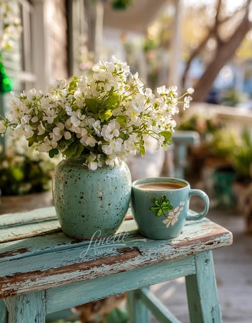 Blue vase of white flowers and a ceramic coffee mug on a rustic turquoise table