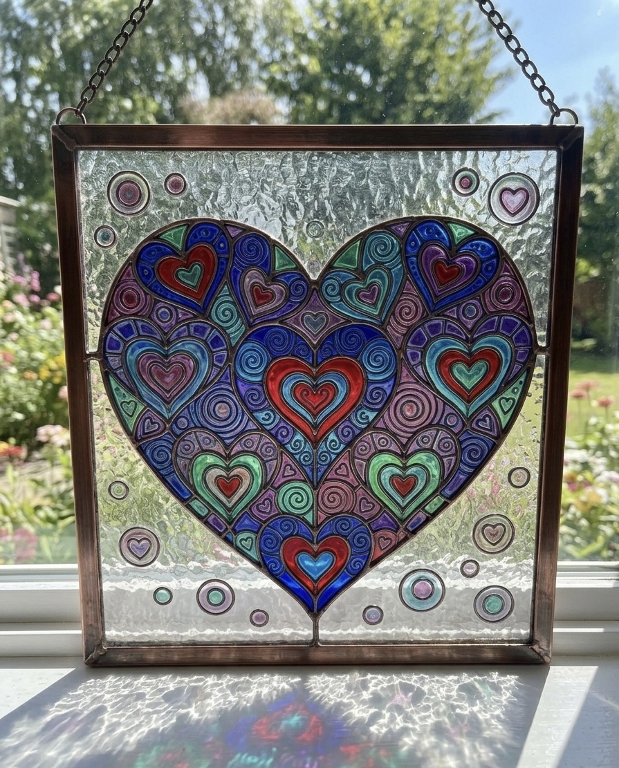 Colorful stained glass window with geometric and floral patterns