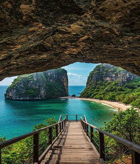 Wooden boardwalk through cave opening revealing turquoise beach and limestone islands