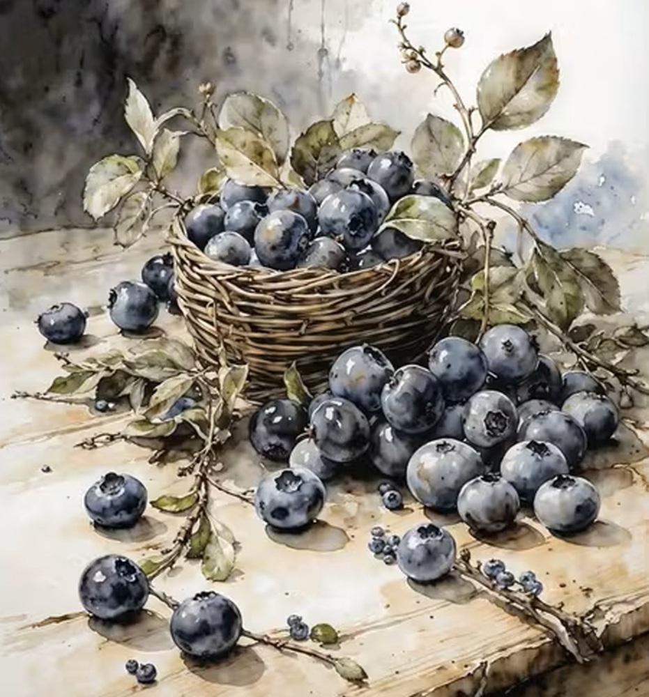 Watercolor painting of blueberries in a basket with scattered berries and leaves