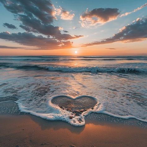 Heart shape drawn in wet sand on a beach at sunset with ocean waves and colorful sky
