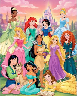 Group of Disney princesses in colorful dresses standing together with castle backdrop