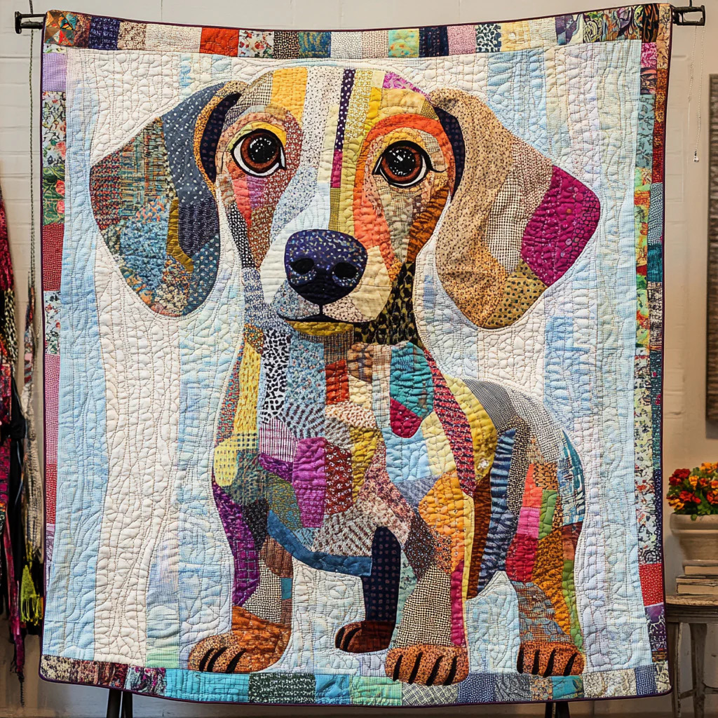 Colorful patchwork quilt featuring a dog portrait made from geometric fabric pieces in various patterns and colors