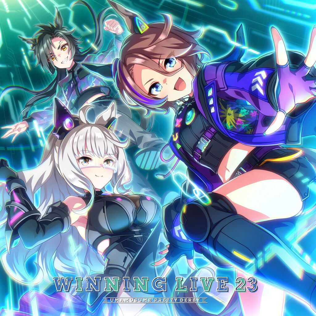 Three anime horse girls in futuristic performance outfits with glowing blue stage effects