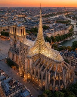 Aerial view of Notre-Dame de Paris cathedral with golden spire at sunset over the Seine River