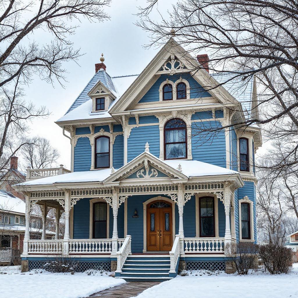 Blue Victorian house with ornate white trim and porch in snow with bare trees