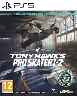 Tony Hawk's Pro Skater 1+2 PlayStation 5 game cover with skateboarder mid-air trick in warehouse