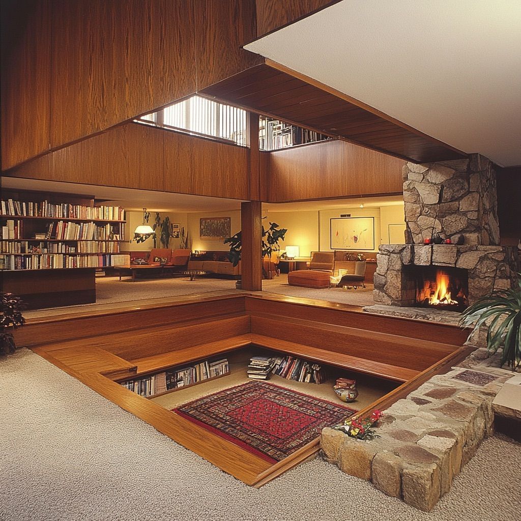 Sunken living room with stone fireplace, wood paneling, bookshelves, and conversation pit