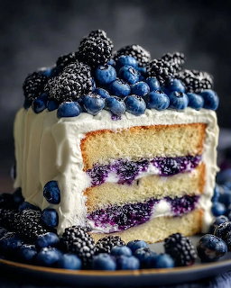 Layered vanilla cake with white frosting topped with blueberries and blackberries on dark plate