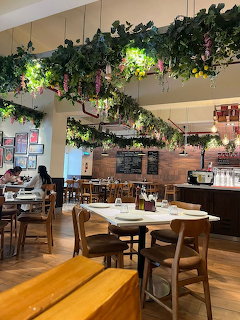 Cafe interior with wooden tables, chairs, hanging plants, and a service counter