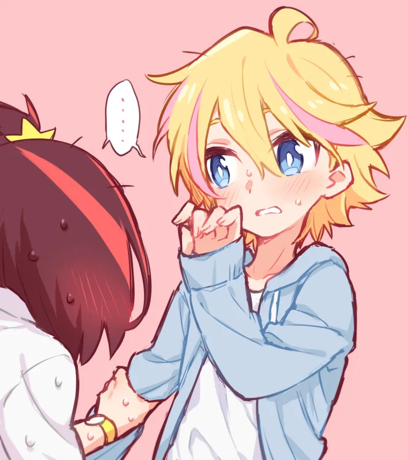 Two chibi anime characters, one blonde in a blue hoodie looking flustered, on a pink background