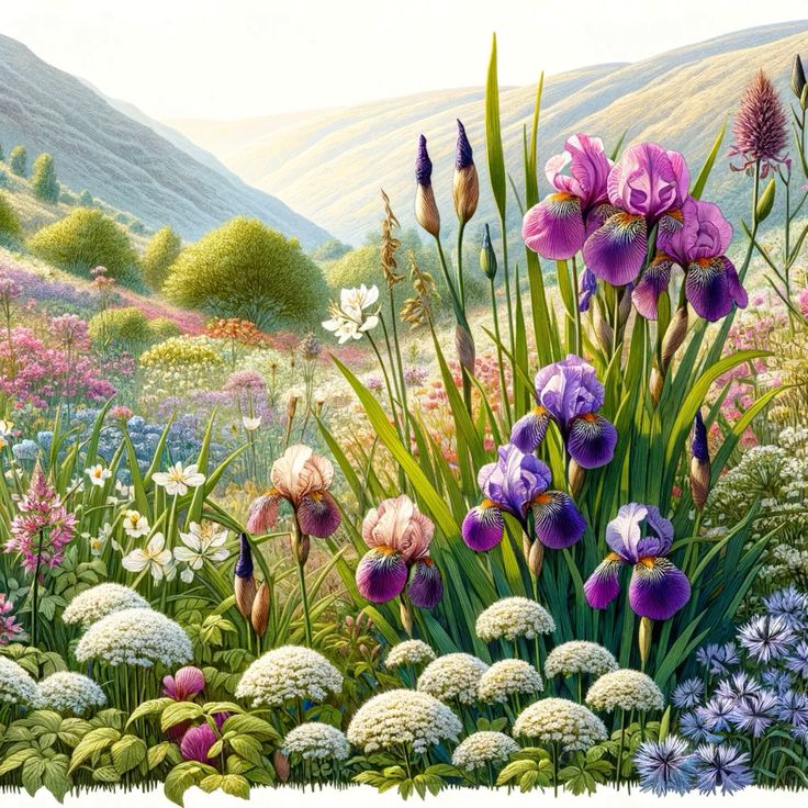Vibrant wildflower meadow with purple irises and white flowers on a hillside by the ocean