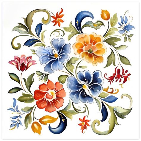 Norwegian rosemaling decorative floral folk art painting with scrollwork