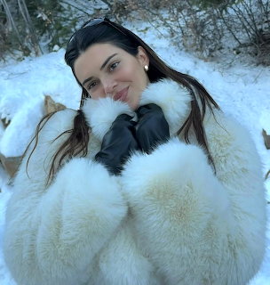 Kendall Jenner posing in the snow wearing a fluffy white coat and black gloves