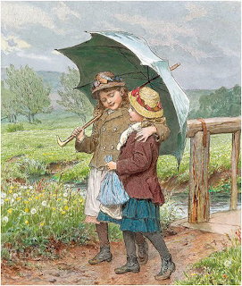 Painting of two girls in old-fashioned clothes sharing a green umbrella on a rainy country path