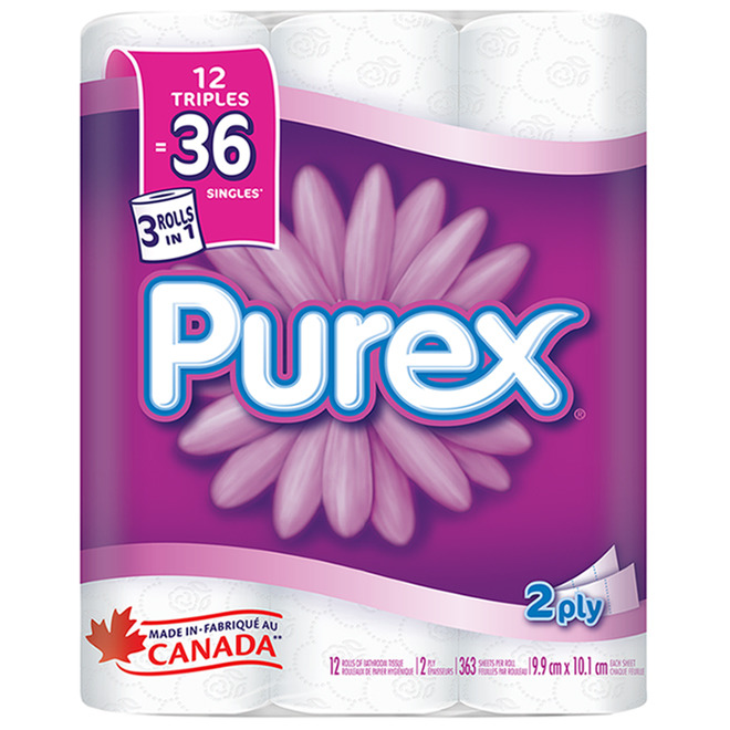 Purex brand toilet paper package with purple floral design showing 12 triple rolls of 2-ply bathroom tissue