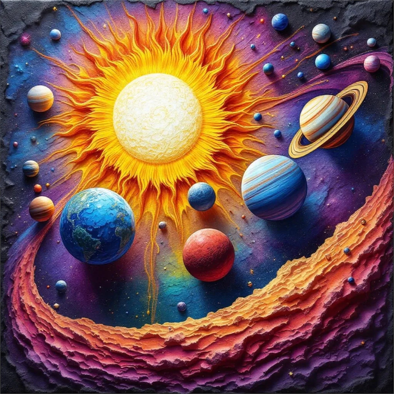 Colorful illustration of sun with orbiting planets against starry space background with swirling cosmic patterns