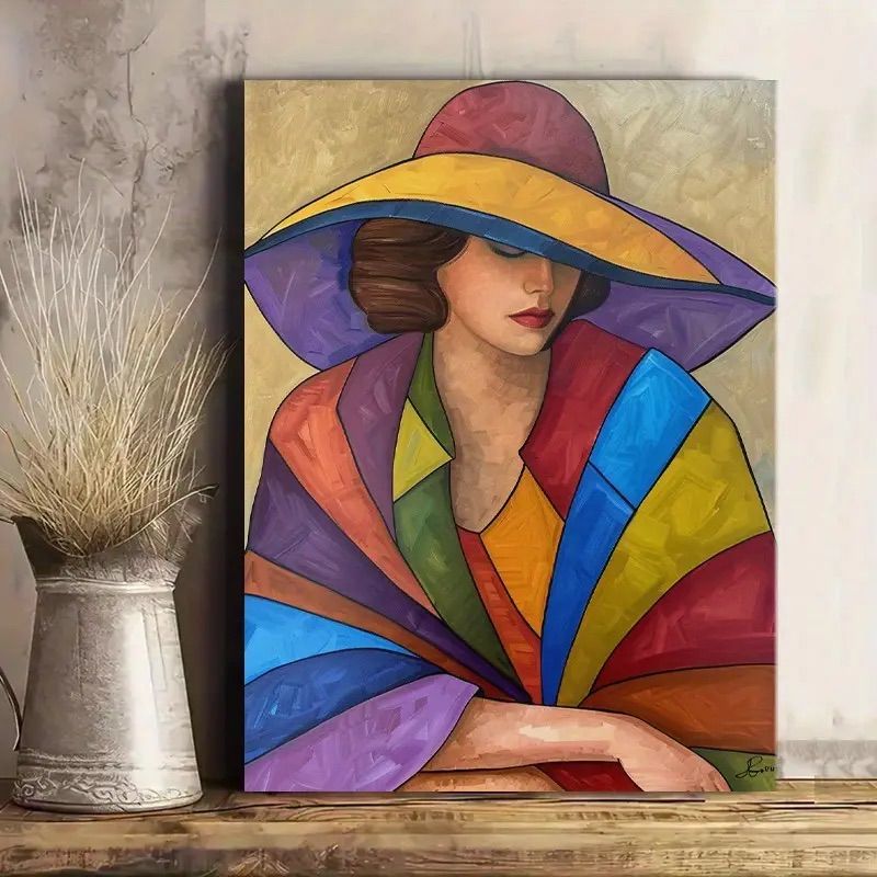 Cubist portrait of woman in wide-brimmed hat with vibrant geometric patterns in red, blue, yellow, and purple tones