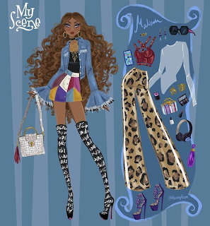 MyScene Madison doll illustration with clothing and accessories including leopard print pants and checkered boots