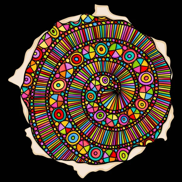 Vibrant circular mandala with multicolored geometric patterns and concentric rings on black background