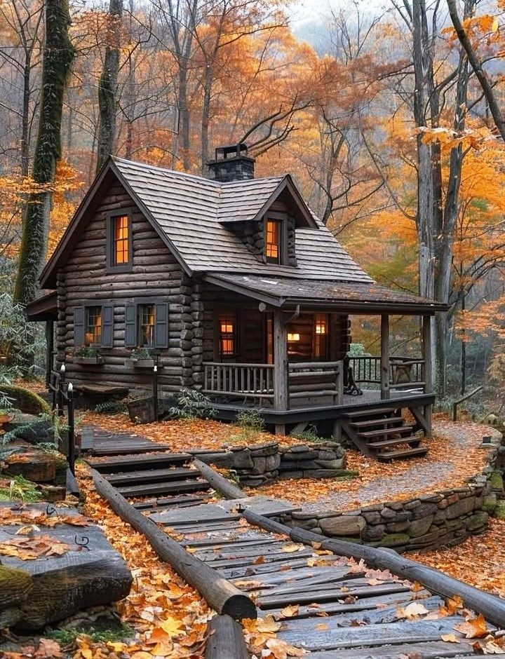 Rustic wooden cabin in an autumn forest with orange leaves and a front porch