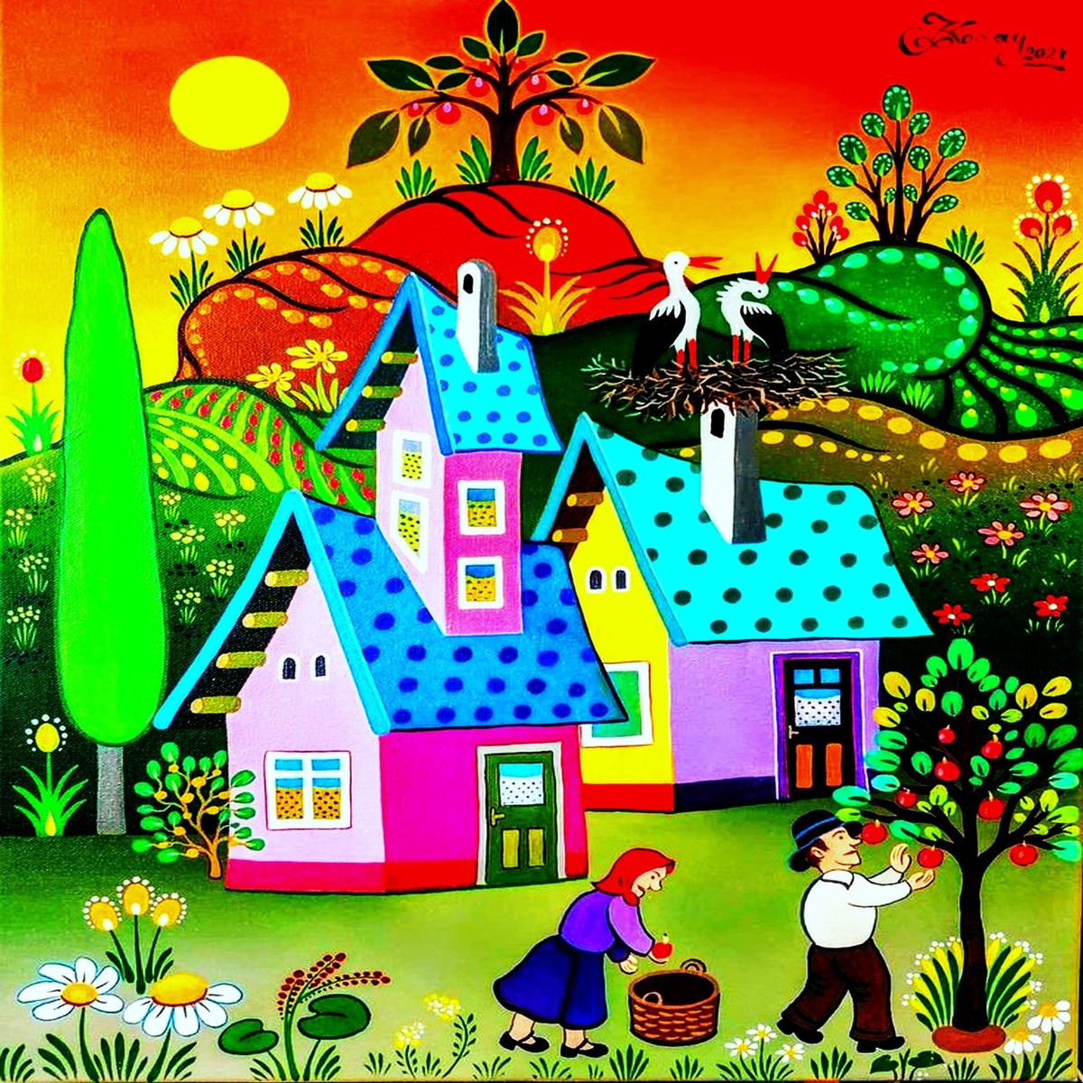 Bright folk art village scene with blue-roofed houses, green trees, and orange sunset sky