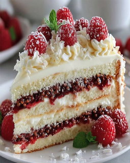 Slice of white chocolate raspberry layer cake with fresh raspberries and cream topping