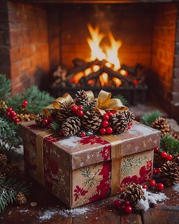 Christmas Gift by Fireplace