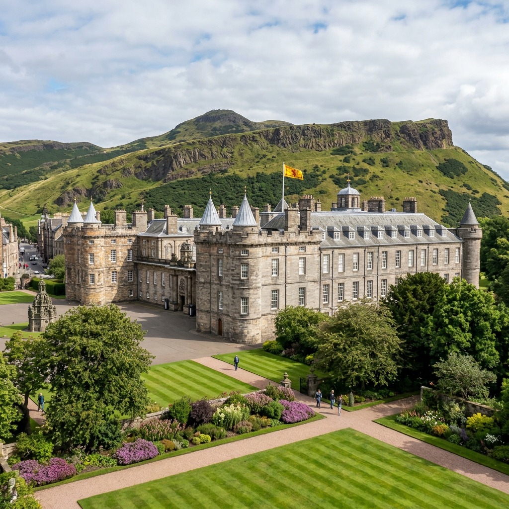 Holyrood House in Scotland with formal gardens and green hills behind