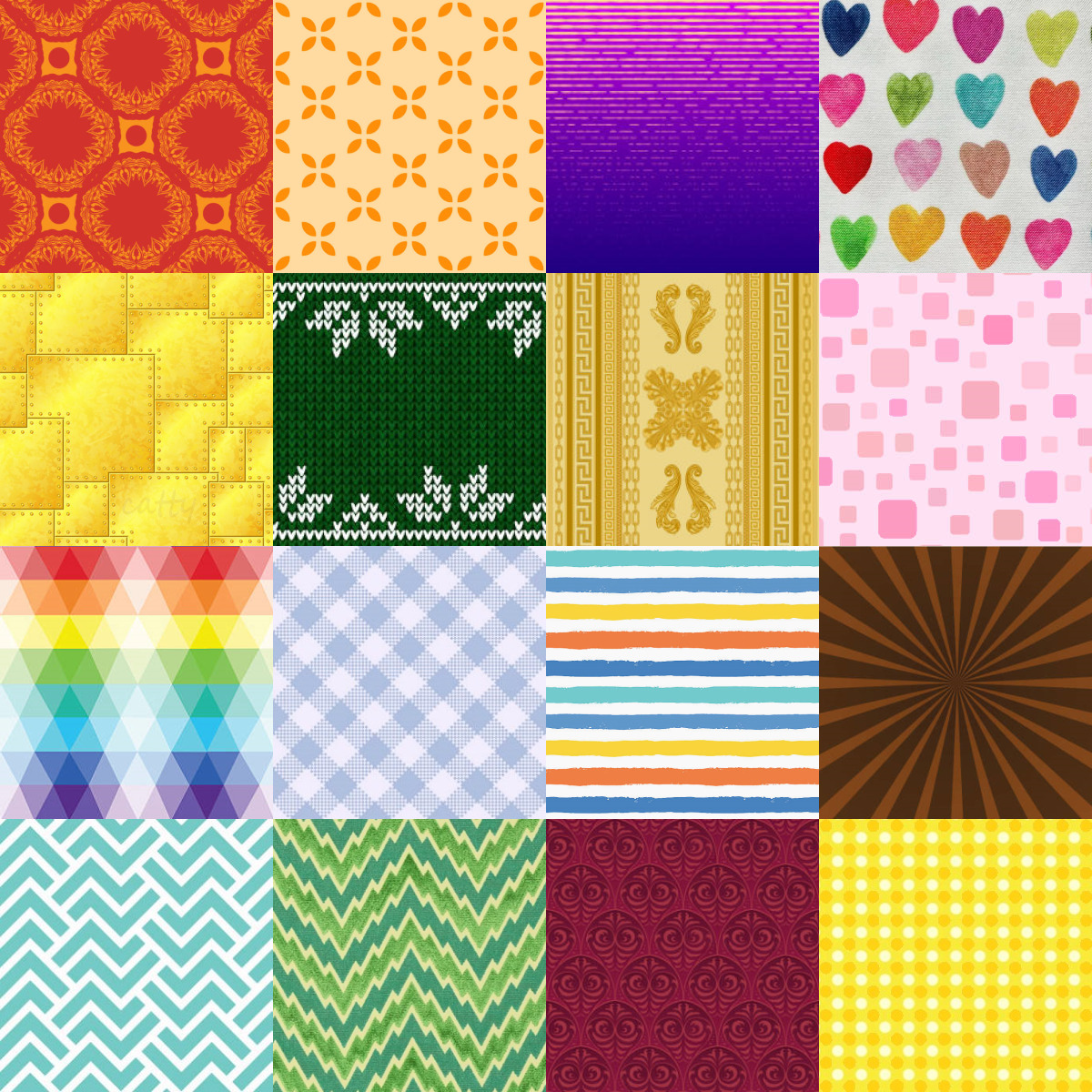 Grid of 16 colorful pattern squares with hearts, stripes, chevrons, gingham and geometric designs