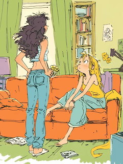 Illustration of two women in a colorful living room, one standing and one sitting on an orange couch