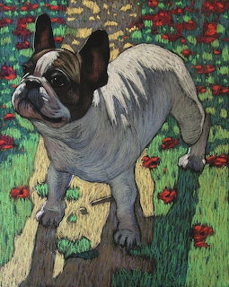 Pastel artwork of a bulldog in a garden with red flowers