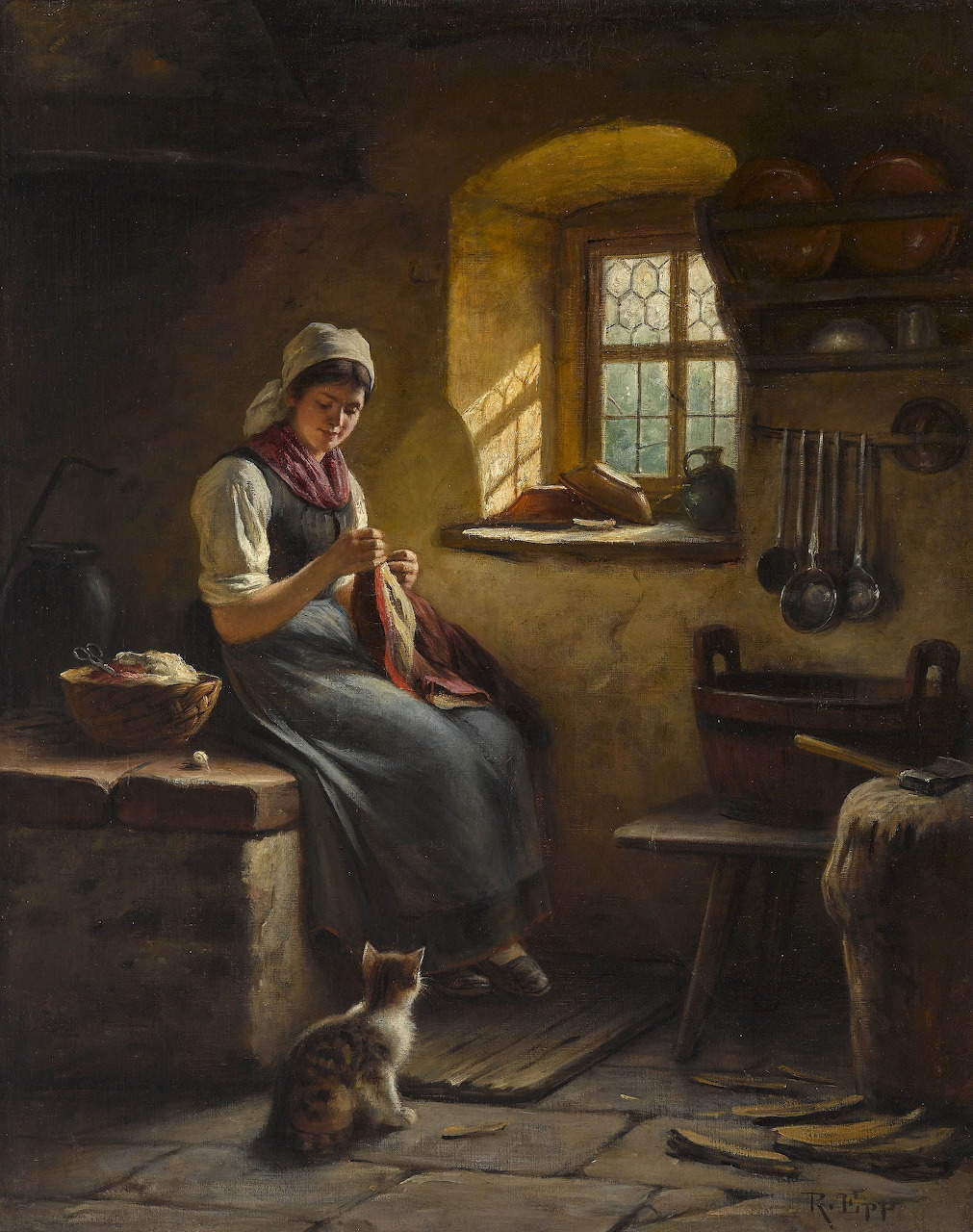 Woman Knitting With Cat